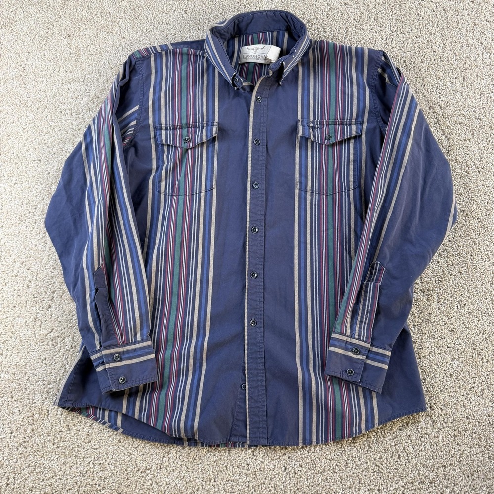 Vintage Longhorn Shirt Mens Large Blue Striped Long Sleeve Button Up Western